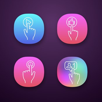 Click app icons set. Vector illustrations. Play, like, power, new follower notification. UI/UX user interface