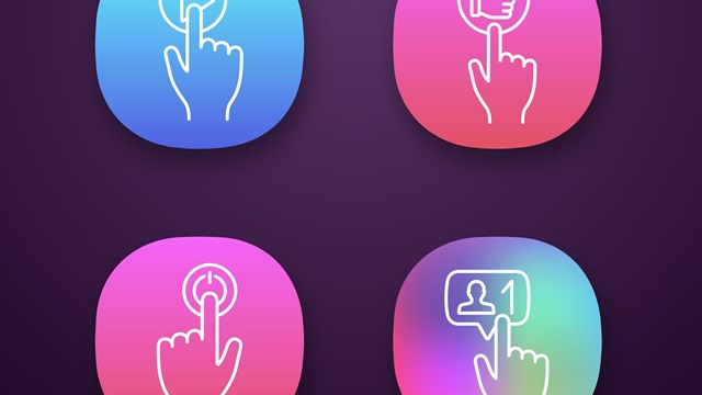 Click app icons set. Vector illustrations. Play, like, power, new follower notification. UI/UX user interface