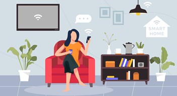 Concept of house technology system with wireless centralized control. Young woman sit on the sofa holding smartphone. Vector illustration in a flat style