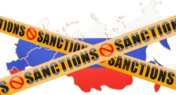 Russian Sanctions, US Real Estate Sanctions concept with map of Russia, 3D rendering isolated on white background