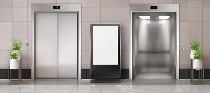 Office hallway with LCD screen floor stand, open and closed elevator doors. Vector realistic empty lobby interior with lift, plants and blank advertising display. White billboard with copy space