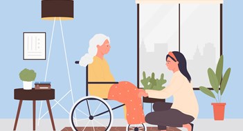 Supporting Aging Residents Home care services for elder people. Help of young female volunteer caregiver to old patient, disabled woman sitting in wheelchair flat vector illustration. Healthcare, retirement, disability concept