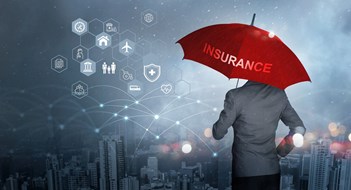 Insurance concept, Businessman holding red umbrella on falling rain with protect with icon business, health, financial, life, family, accident and logistics  insurance on city background