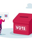 Vote, Election and Social Poll Concept. Tiny Voter Male Character Casting Ballots at Polling Place During Voting Put Paper in Box, Man Carry Huge Ballot with Red Cross. Cartoon Vector Illustration