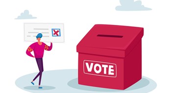 Vote, Election and Social Poll Concept. Tiny Voter Male Character Casting Ballots at Polling Place During Voting Put Paper in Box, Man Carry Huge Ballot with Red Cross. Cartoon Vector Illustration