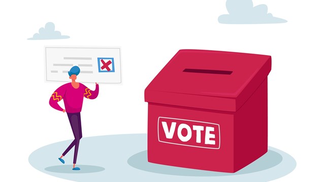 Vote, Election and Social Poll Concept. Tiny Voter Male Character Casting Ballots at Polling Place During Voting Put Paper in Box, Man Carry Huge Ballot with Red Cross. Cartoon Vector Illustration