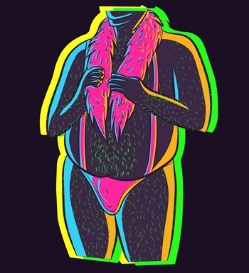 Overweight neon and hairy man with a pink boa wearing a pair of small thongs. A fat body in a small pink bikini.