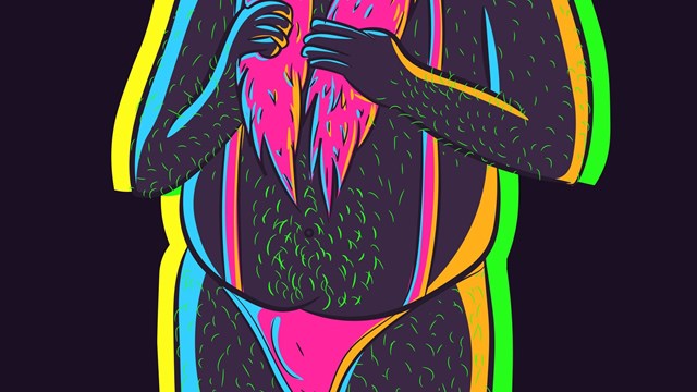 Overweight neon and hairy man with a pink boa wearing a pair of small thongs. A fat body in a small pink bikini.