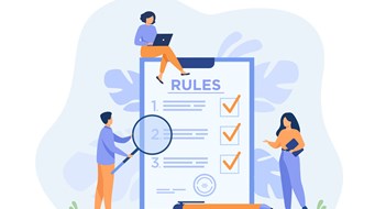 Business people studying list of rules, reading guidance, making checklist. Vector illustration for company order, restrictions, law, regulations concept