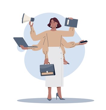 Concept of multitasking. Girl with lot of hands, boss, businesswoman or entrepreneur. Active worker, leader, overworked person, strong woman. Cartoon flat vector illustration