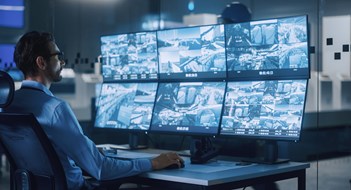 Industry 4.0 Modern Factory: Security Operator Controls Proper Functioning of Workshop Production Line, Uses Computer with Screens Showing Surveillance Camera Feed. High-Tech Security