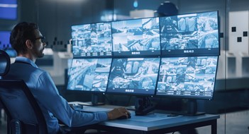 Surveillance in Buildings & HOAs Industry 4.0 Modern Factory: Security Operator Controls Proper Functioning of Workshop Production Line, Uses Computer with Screens Showing Surveillance Camera Feed. High-Tech Security