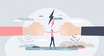 Conflict Management Mediation as conflict compromise and solution management tiny person concept. Disagreement and fight communication settlement with help from third party vector illustration. Business deal conversation