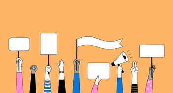 Free Speech vs. House Rules Set of hands with posters, a megaphone, signs, banners and placards. Vector illustration in doodle style.
