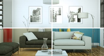 3d Illustration of splitted color variations of a modern loft interior design