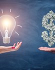 A female and a male hands holding a large bright light bulb and a dollar sign made of many money bills. Money and wealth. Profitable ideas. Financial streak.