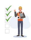 Check mark, construction site worker, Engineer with whitelist board. remind your checklist concept. Vector illustration