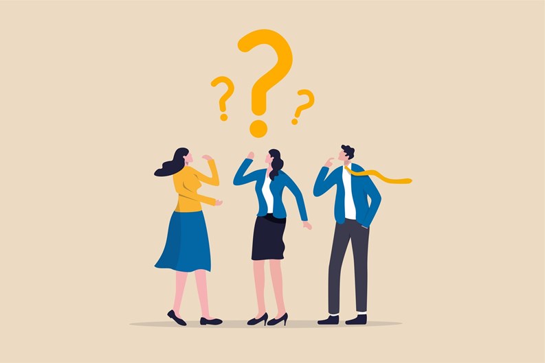 Confused business team finding answer or solution to solve problem, work question or doubt and suspicion in work process concept, businessman and woman team thinking with question mark symbol.