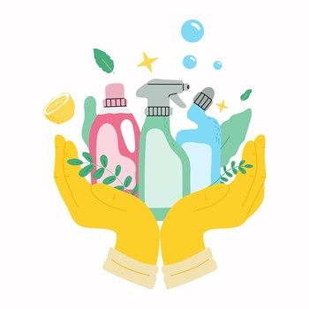 Set with Eco friendly cleaning products. Two hands in gloves holding window-cleaner product in bootle and detegent.Banner for cleaning service.Vector illustration.