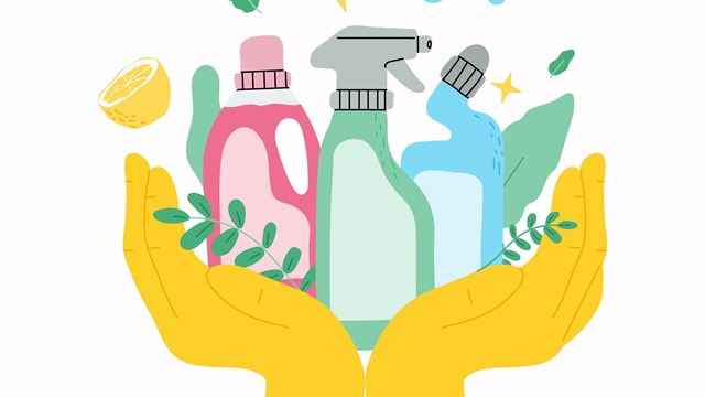 Set with Eco friendly cleaning products. Two hands in gloves holding window-cleaner product in bootle and detegent.Banner for cleaning service.Vector illustration.