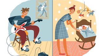 Q&A: Noisy Neighbors Loud noisy neighbour disturbing baby sleep. Problems in neighbouring apartments at home vector illustration. Young guy playing music on guitar, annoyed mother with little child in bed.