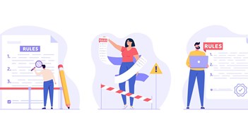 Making—and Breaking—the Rules Concept of rules and regulations, company policy, corporate law and business ethics. Business people studying checklist of rules and regulation standards. Vector illustration in flat design