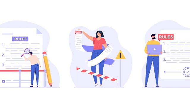 Concept of rules and regulations, company policy, corporate law and business ethics. Business people studying checklist of rules and regulation standards. Vector illustration in flat design
