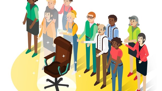 Group of people and empty boss office chair, flat vector isometric illustration. Human resources management, hiring, recruiting.