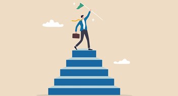 Gauging Management Performance Step to success, staircase to achievement or reach winner target, progress or improvement, career success or business journey concept, successful businessman hold winning flag on top of step stair.