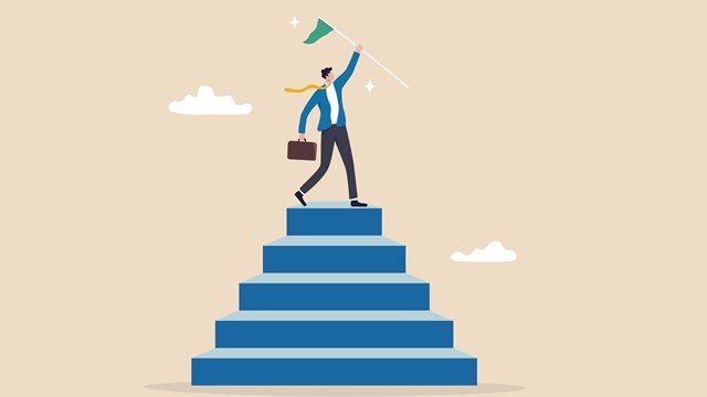 Step to success, staircase to achievement or reach winner target, progress or improvement, career success or business journey concept, successful businessman hold winning flag on top of step stair.
