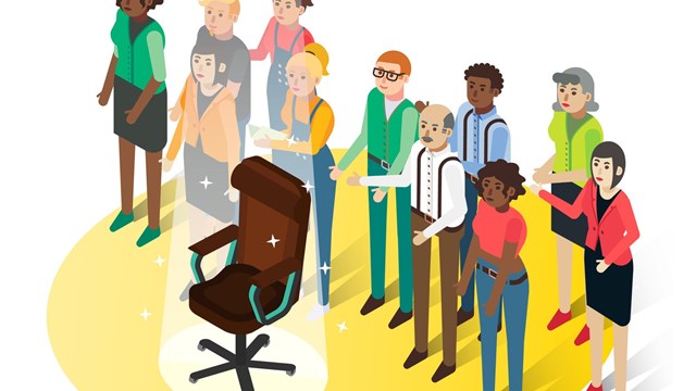 Group of people and empty boss office chair, flat vector isometric illustration. Human resources management, hiring, recruiting.
