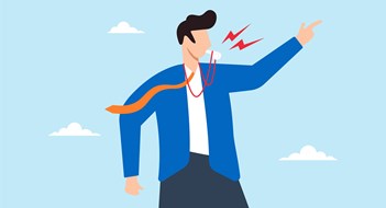 When Boards Go Bad Businessman blows whistle loudly while pointing, signaling to alert others. Concept of business whistleblower, exposes illegal activities within organization by disclosing information to public