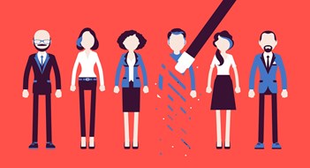 Q&A: A Board Cabal Person rubbed out and removed with eraser. Man obliterated from group of people, moved from business team, blocked in friends chat service, forbidden contacts. Vector illustration, faceless characters