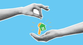 A Nervous Market Real estate selling concept banner. Halftone hand gives keys to buyer. Creative collage with paper cut elements. Loan, mortgage or real estate business selling concept. Vector illustration.