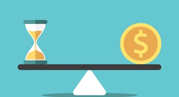 The Collections Process Sandglass and gold dollar coin on seesaw weight scale. Time, money and urgency concept. Flat design. EPS 8 vector illustration, no transparency, no gradients