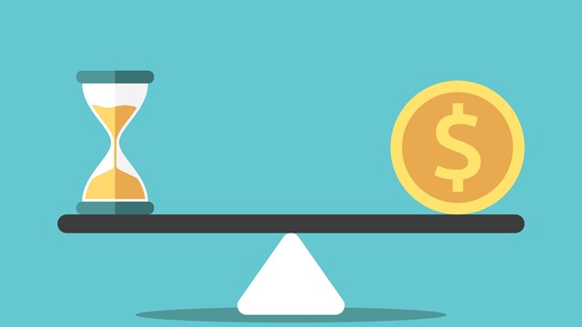 Sandglass and gold dollar coin on seesaw weight scale. Time, money and urgency concept. Flat design. EPS 8 vector illustration, no transparency, no gradients