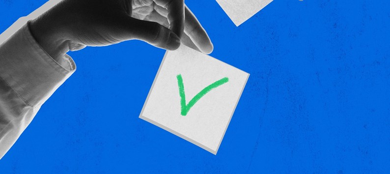 Contemporary art collage. Two hands dropping check-marked ballots into voting box, symbolizing participation in democratic process against blue background. Concept of voting, decision, democracy