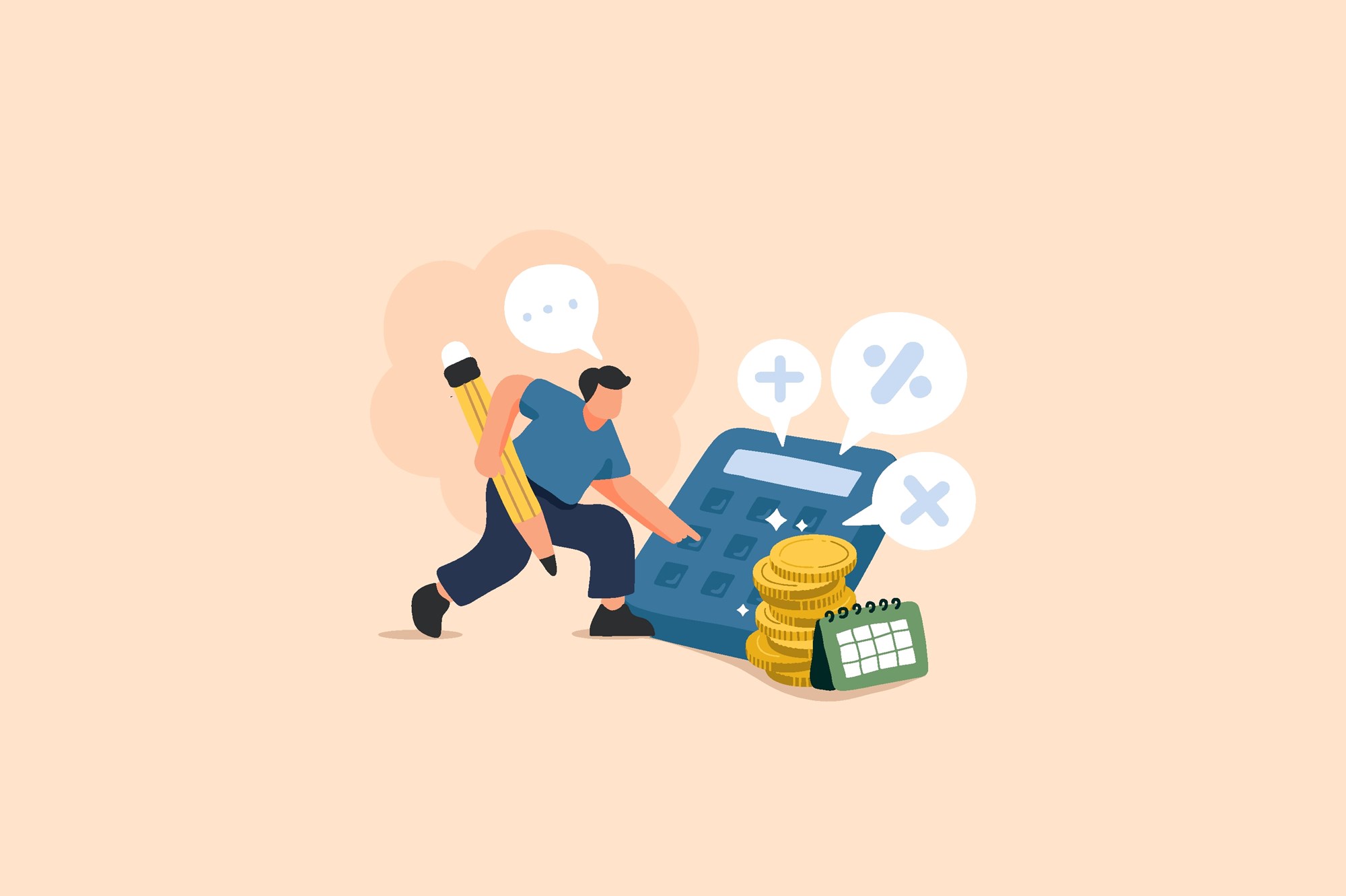 An illustration features a businessman calculating expenses or taxes with a giant calculator, emphasizing the importance of accounting and financial management. The playful yet professional style makes it suitable for use in content, business presentations, or tax related campaigns.