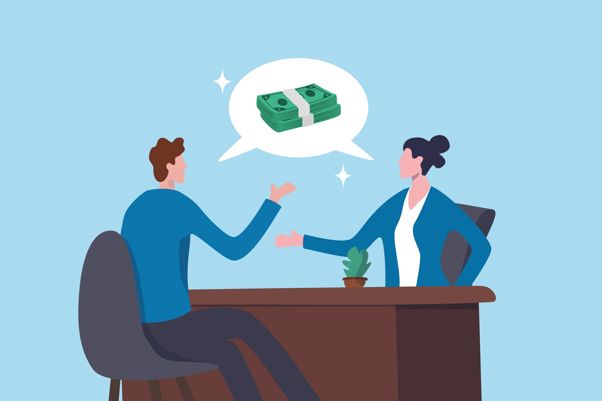 Salary negotiation, money compensation or job wage income, career performance reward, benefit or pay rate, employment incentive, job offer, business people manager negotiate salary with new employee.