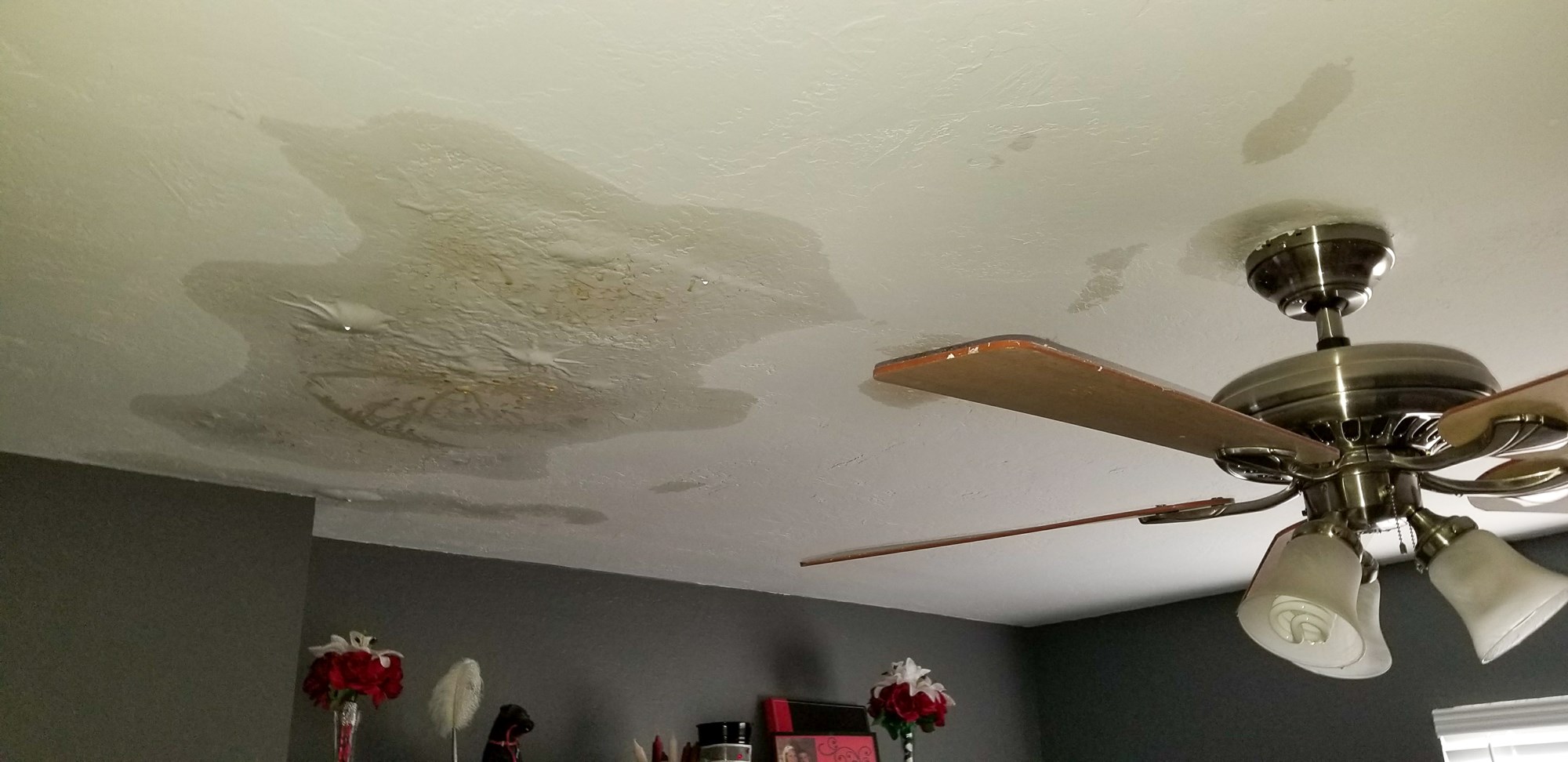 A residential ceiling showing severe water damage with bubbling, discoloration, and stains, likely caused by a leak. The affected area highlights the urgency for repairs to prevent further structural issues. Ideal for illustrating water damage restoration, home repair services, or property maintenance needs.