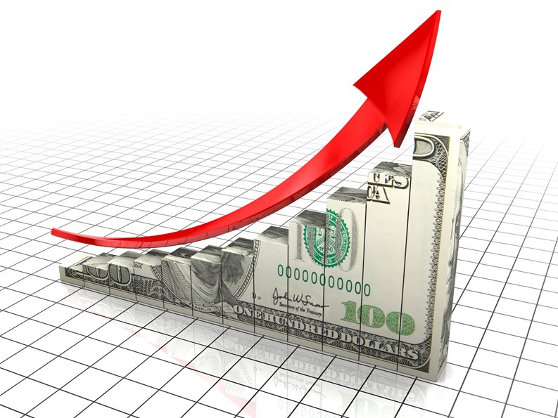 3d illustration of raising chart with dollar texture, over white background
