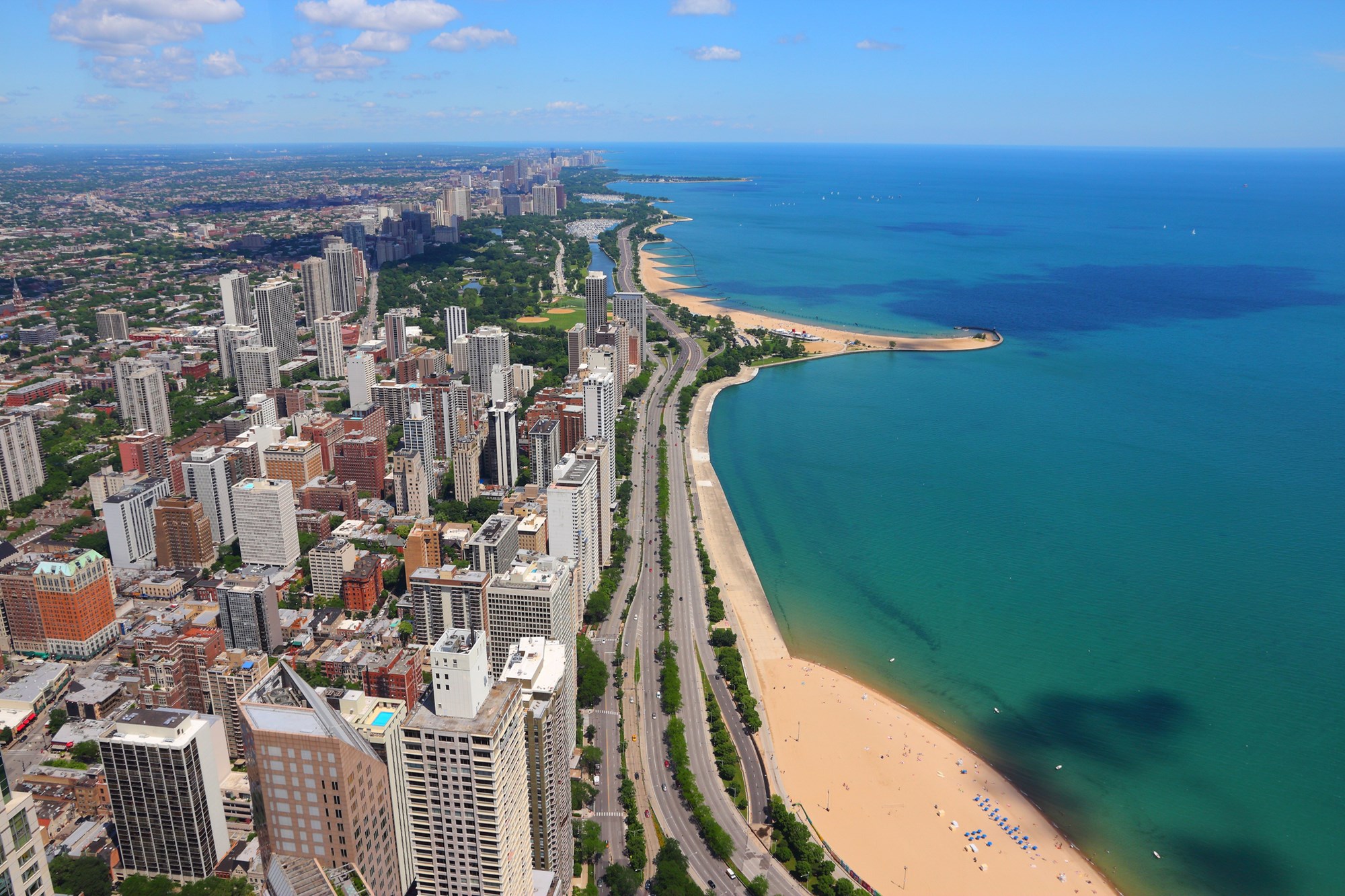Chicago city aerial view with Gold Coast, Lincoln Park, Lakeview and Boystown.