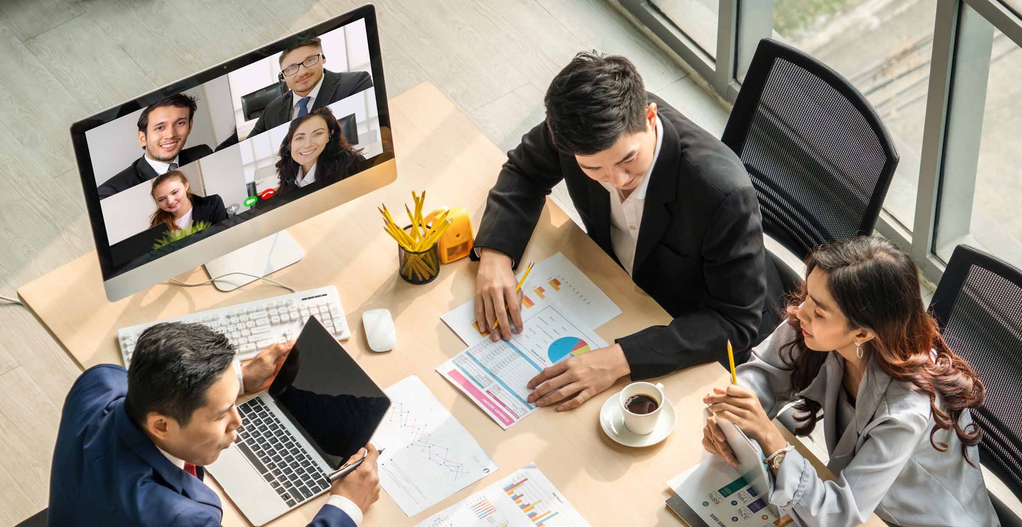 Video call group business people meeting on virtual workplace or remote office. Telework conference call using smart video technology to communicate colleague in professional corporate business.